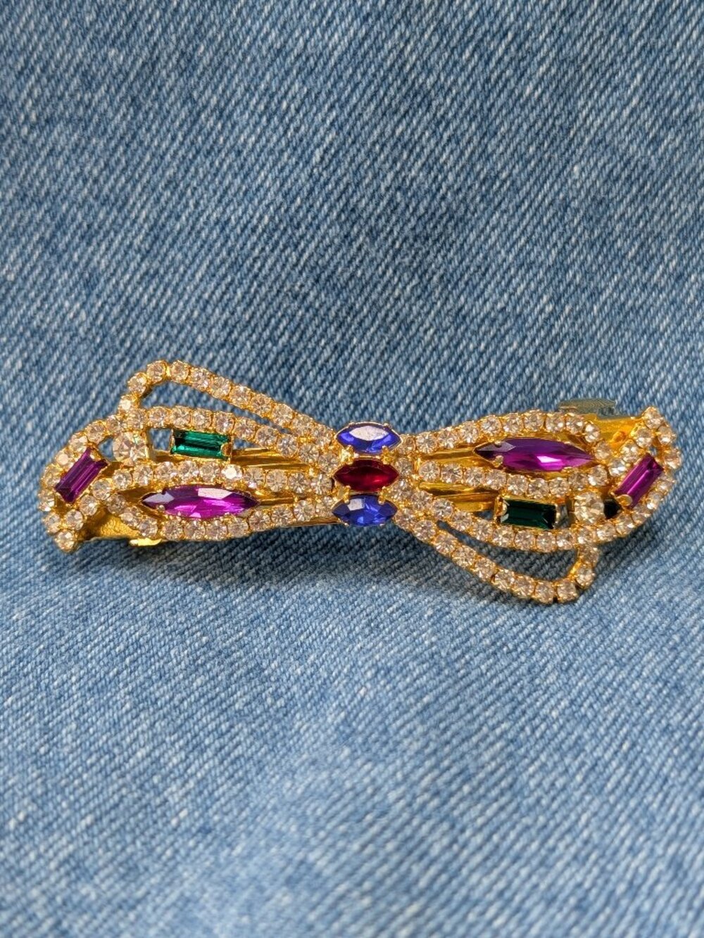 1990's Colorful Gemstones and Gold Tone Hair Clip Barrette, Vibrant and Ornate
